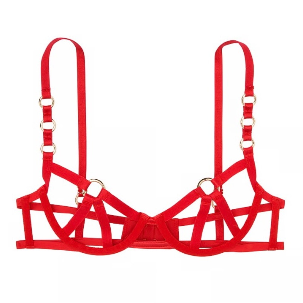Victoria’s Secret bold Red Gold Ring Unlined Strappy Bra Medium adjustable
